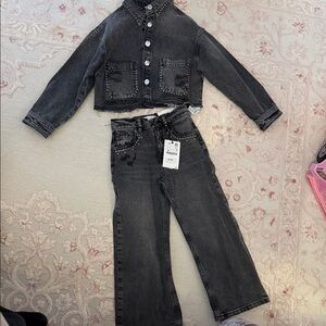 Zara Black Washed Studded Denim Jacket & Wide Leg Jeans